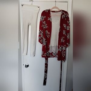 Fashion Nova Red Floral Kimono with White Top and Pants